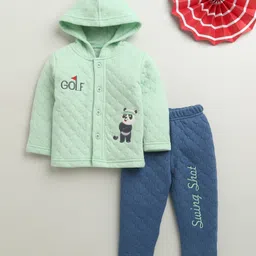 Bumzee Knit Full Sleeves Hooded Winter Wear Set with Panda & Text Print - Light Green & Navy Blue-picture-29