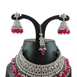 VATSALYA creation Women Red Rhodium-Plated Artificial Stone Studded Jewellery Set-3