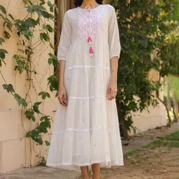 SCAKHI Pink-White Cotton Mulmul Embroidered Tiered Maxi Dress-image-39