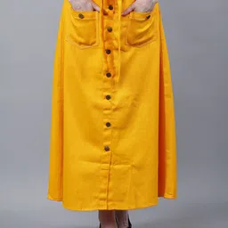 Codaisy Women Pure Cotton A-Line Front Buttoned Maxi Skirt with Belt-image-57