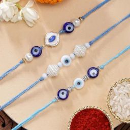 Karatcart Set of 3 Handmade Meenakari Evil Eye Kundan Rakhis for Brother with Roli & Chawal-13