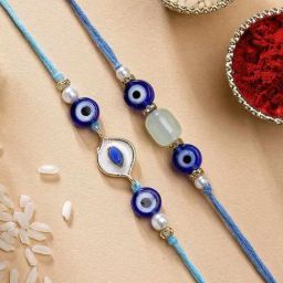 Karatcart Set of 2 Blue Evil Eye Green Bead Handmade Kundan Rakhi for Brother with Roli & Chawal-18