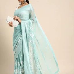 Kalyan Silks Blue Embroidered Saree With Unstitched Blouse-image-74