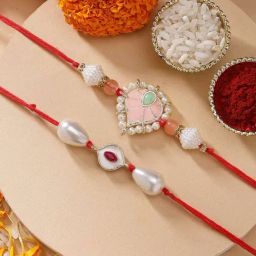 Karatcart Set of 2 Red Evil Eye Peach Meena Kundan Handmade Rakhi for Brother with Roli & Chawal-18