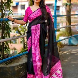 Mitera Printed Border Solid Saree with Blouse Piece-10