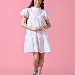 Cherry & Jerry Girls White Self Design A-Line Knee Length Dress-image-90