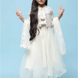 BIBA Girls Beige Embroidered Kurta, Churidar, Dupatta with Jacket-image-48