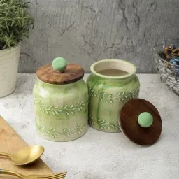 VarEesha Blue Ceramic Air Tight Jars with Wooden Lid - Set of 2-36