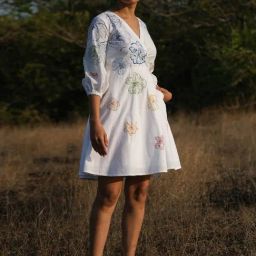 Okhai Delilah White Pure Cotton hand Embroidered A-Line Wrap Dress-image-44