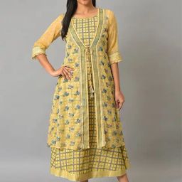 Aurelia Women Yellow Floral Print Chiffon Dress with Shrug-image-4