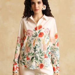 Kazo Beige Relaxed Fit Floral Print Shirt-image-75