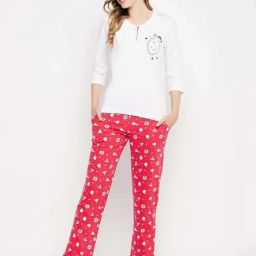 Clovia White Cotton Regular Fit Printed Top & Pyjama Set-image-52