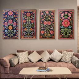 Nestroots Vibrant Blue Floral Tapestry Series Gold Frame Wall Painting - Set of 4-45