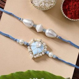 Karatcart Set of 2 Light Blue Heart Shape Handmade Kundan Rakhi for Brother with Roli & Chawal-13