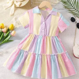Bolly Lounge Girls Multi Cotton Blend Short Sleeve Striped Print Dress-image-35