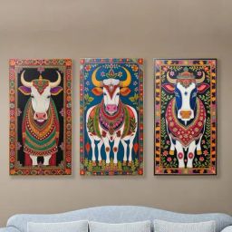 Nestroots Sacred Indian Cow Canvas Collection Gold Frame Wall Painting - Set of 3-13