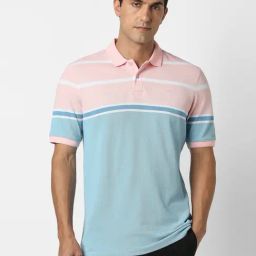 Peter England Blue & Pink Regular Fit Striped Polo T-Shirt-image-50