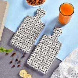 TAYHAA Grey Ceramic Grid Pattren Platter With Handle - Set of 2-37