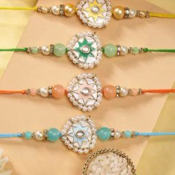 Karatcart Set of 4 Handmade Meenakari Heart Shape Kundan Rakhis for Brother with Roli & Chawal-9
