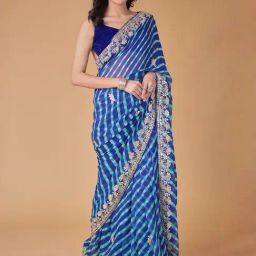 Zari Jaipur Blue Leheriya Saree-image-64