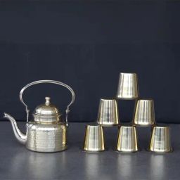 Indian Bartan Gold Brass Teapot (500Ml) With 6-Piece Glasses (500ml) Set-image-29