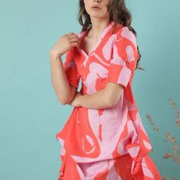 RAREISM Orange Cotton Printed Three-Quarter Sleeves Dress-image-28