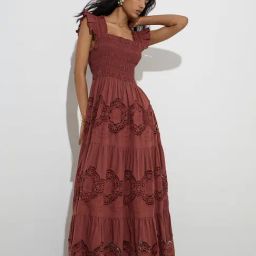LOV by Westside Dark Brown Lace Detailed Cotton Tiered Dress-image-90
