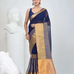 Charukriti Blue Linen Striped Saree With Unstitched Blouse-picture-46