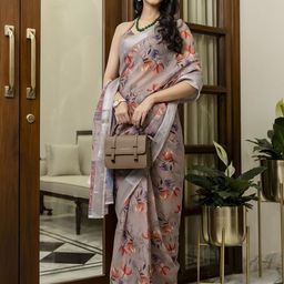 Satrani Women Floral Printed Zari Linen Blend Ready to Wear Saree-picture-12