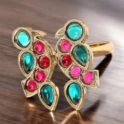 OOMPH Maroon & Green Jadau Parort Bird Design Moti Manik Finger Ring-27