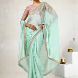 Soch Turquoise Embroidered Saree With Unstitched Blouse-image-78