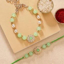 Karatcart Light Green Beads Floral Design Handmade Kundan Bhaiya Bhabhi Rakhi with Roli & Chawal-14
