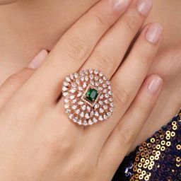 Zaveri Pearls Green Dazzling Cubic Zirconia Embellished Contemporary Brass Adjustable Ring-ZPFK17186-4