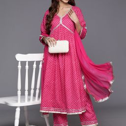 Varanga Women Leheriya Printed Empire Gotta Patti Pure Cotton Kurta with Trousers & With Dupatta-image-13