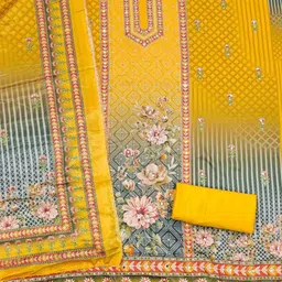 KALINI Mustard France Silk Digital Print Mirror & Diamond Work Unstitched Dress Material-image-38