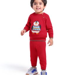 Babyoye 100% Cotton Solid Dyed Full Sleeves Sweater Set with Penguin Design - Red-image-92