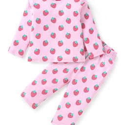 Babyhug Cotton Knit Full Sleeves Night Suit With Strawberry Print - Pink-image-25