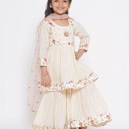 Little Bansi Three Fourth Sleeves Gota Flower Embellished With Lurex Striped & Ghungroo Work Detailed Coordinating Kurta & Sharara Set - Cream-image-18