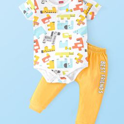 Babyhug 100% Cotton Interlock Knit Half Sleeves Onesies with Leggings Animal Print- Yellow & White-image-10