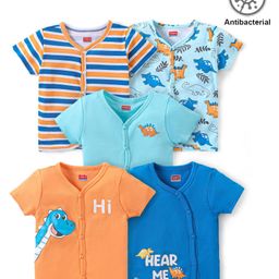 Babyhug 100% Cotton Knit Antibacterial Half Sleeves Front Open Vest Dino Print Pack of 5 - Multicolour-image-132