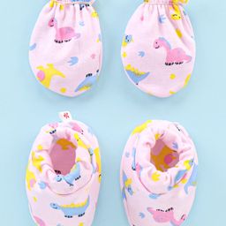 Child World Interlock Knit Mittens & Booties With Dino Print - Pink-16