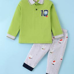 Zero Sinker Knit Full Sleeves Polo T-Shirt & Lounge Pants Set With Animals Print - Liime & Grey-image-32