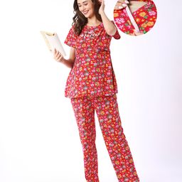 Bella Mama Cotton Knit Half Sleeves Nursing Night Suit Floral Print - Pink-picture-16