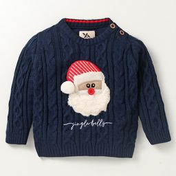 Yellow Apple Knitted Full Sleeves Cable Knit Designed Pullover Sweater with Santa Patch & Applique- Navy Blue-image-22
