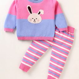 ToffyHouse Knit Full Sleeves Colour Block T-Shirt & Lounge Pant Set With Bunny Print - Pink-image-49