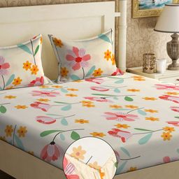 Klotthe Cream Floral 300 TC Cotton Blend Fitted Double Bedsheet with 2 Pillow Covers-picture-21