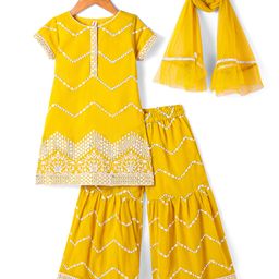 Babyhug Georgette Woven Half Sleeves Embroidered Kurti Gharara Co-Ord Set with Dupatta - Yellow-image-40