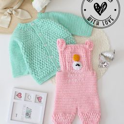 Woonie Crochet Animal Designed Dungaree With Full Sleeves Solid Sweater - Pink-picture-33