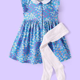 Babyhug Cotton Knit Frill Sleeves Peter Pan Collar Frock with Floral Print - Blue-image-17