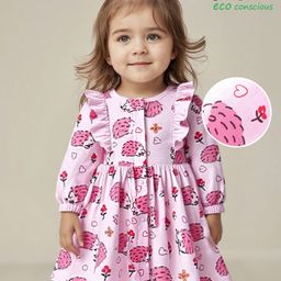 Babyoye Cotton Woven Full Sleeves Frock With Animal & Floral Print & Bloomer - Light Pink-image-32